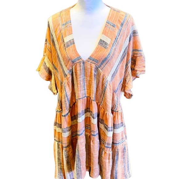 Lulus Striped Double V-Neck Tiered Mini Dress - Dusty Orange - Size XS* WD25 - Picture 1 of 12